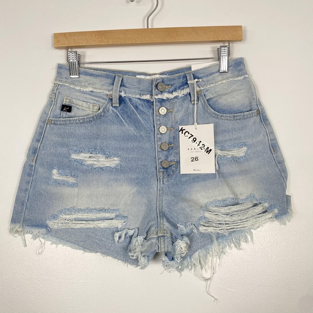 KanCan Shorts Juniors 5/26 Blue Denim High Rise Distressed Cutoff Casual KC7942M